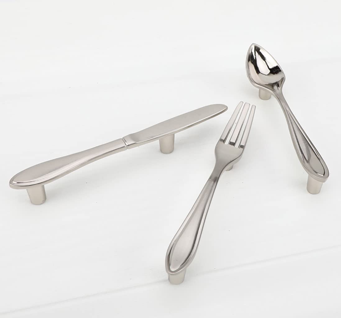 Sinyiol 3Pcs Funny Cutlery Tableware Cabinet Pulls,Creative Spoon Fork Knife Shape 3" Hole Center Vintage Kitchen Cupboard Pulls Handles,Cute and Fun (Mixed Pack, Silver, 3Pcs)