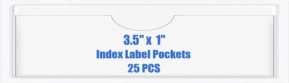 Origin-Joy 25 PCS Self-Adhesive Index Label Pockets, Clear Plastic Peel & Stick Card Holders with Top Open for Loading (3.5 x 1 inch)