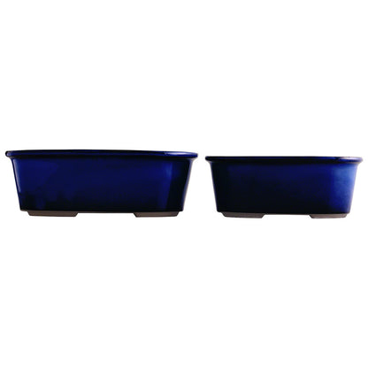 Wazakura Banko Series 2 PCS Blue Bonsai Pot Set with Drainage Holes, Made in Japan Ceramic Garden Planter Pack, Handmade Glazed Houseplant Bowl