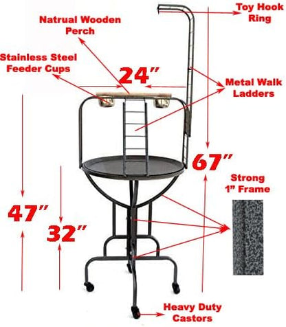 Elegant Design and Strong Wrought Iron Parrot Cockatiel Cockatoo Bird Play Gym Ground Rolling Stand with Metal Pan & Climbing Ladder