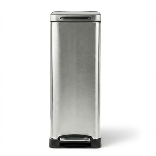 Home Zone Living 12 Gallon Kitchen Trash Can with Slim Fit Design | Stainless Steel with Soft-Close Step Pedal Lid, Bag Tuck Band for Easier Bag Changes, Rectangular Shape, Silver