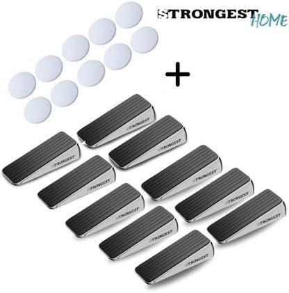 Strongest Home Heavy Duty Door Stopper Wedge (10 Chrome PCs) | Non-Slip Rubber and Metal Door Stop for Heavy Doors| Work on Wood, Tile, Carpet + 10 White Wall Protectors