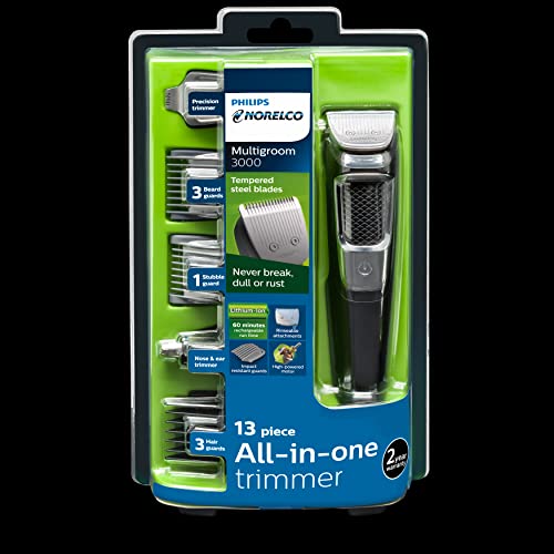 Norelco Philips Multigroom 3000 Series, All-in-One Trimmer, Beard Trimmer and Hair Clipper, 15-Piece Men's Grooming Kit for Head, Beard, Face, Nose, Ears, No Blade Oil Needed, Soft Pouch, MG3770/40