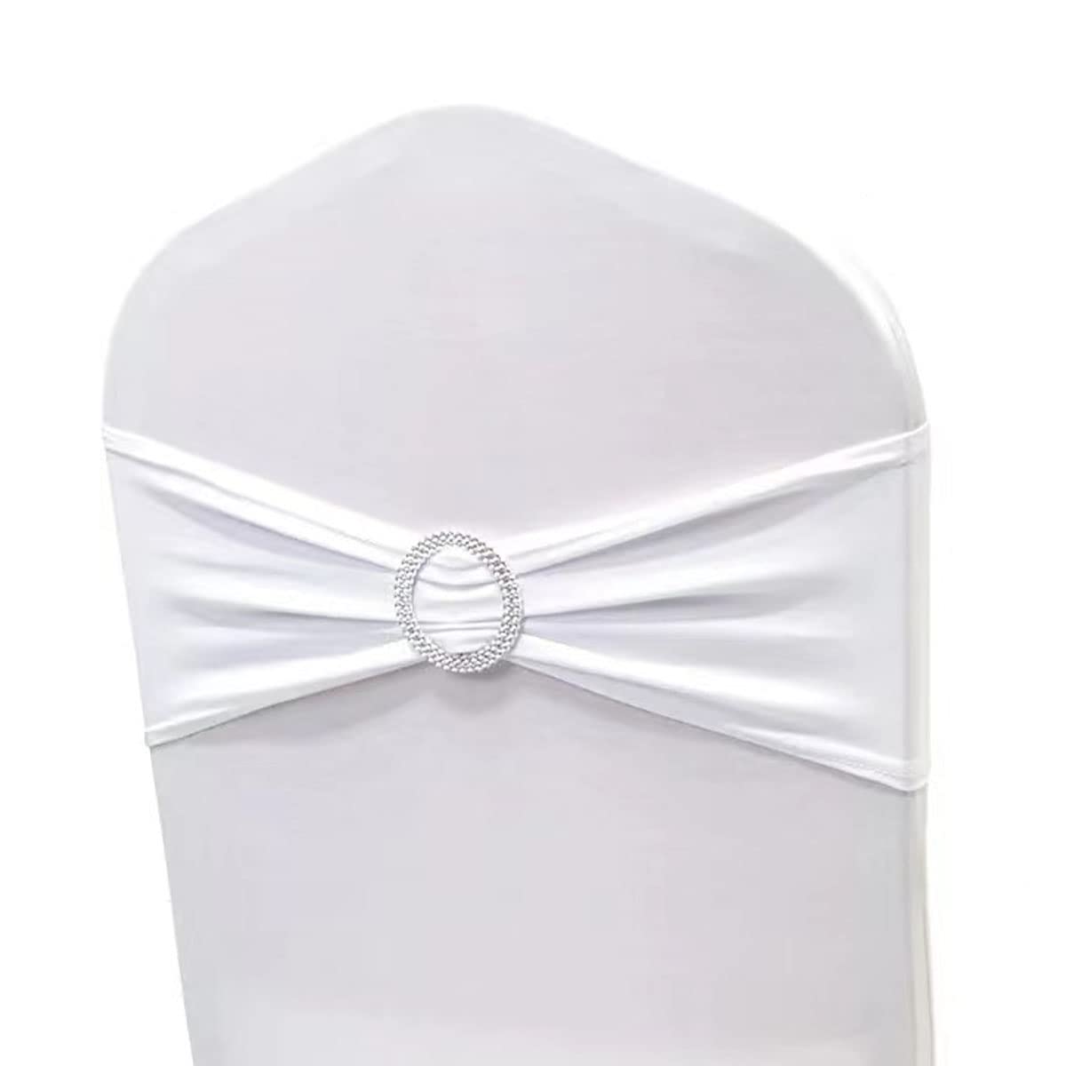 Albassa Chair Sashes Spandex Stretch Chair Bows with Buckle Slider for Wedding Party Decorations (White, 25PCS)