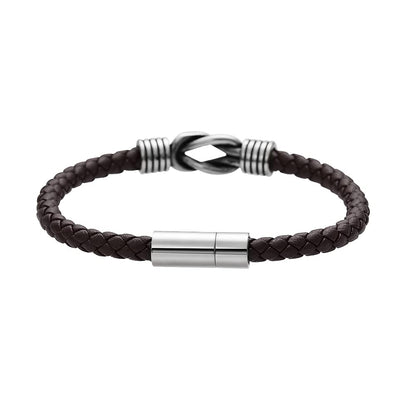 Geoffrey Beene Men's Braided Genuine Leather Knot Bracelet with Stainless Steel Closure (Brown, 8.5")