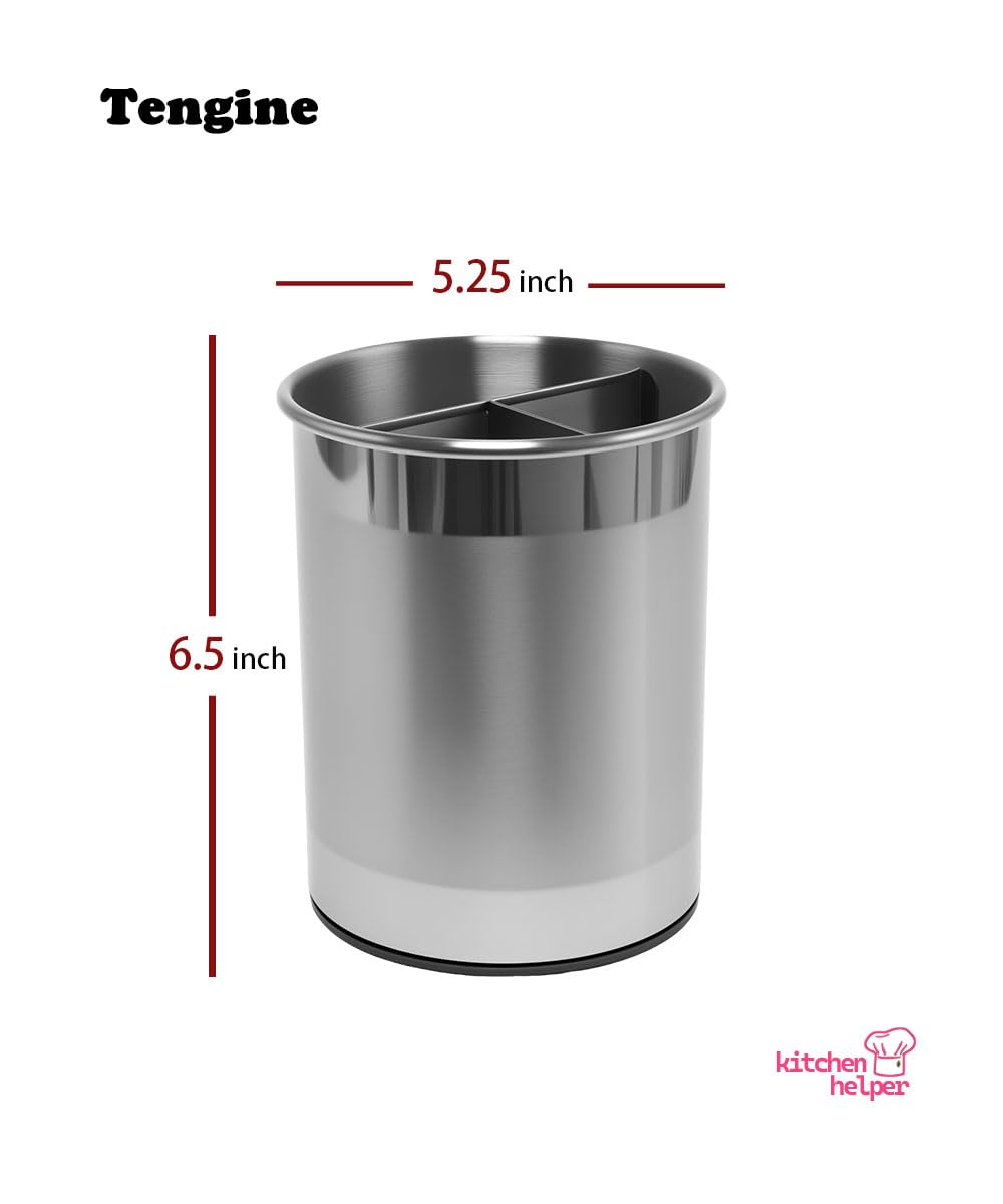 TENGINE Stainless Utensil Holder 360° Rotating 6.5X5.25 Inch Utensil Crocks for Kitchen Counter with Removable Divider Red