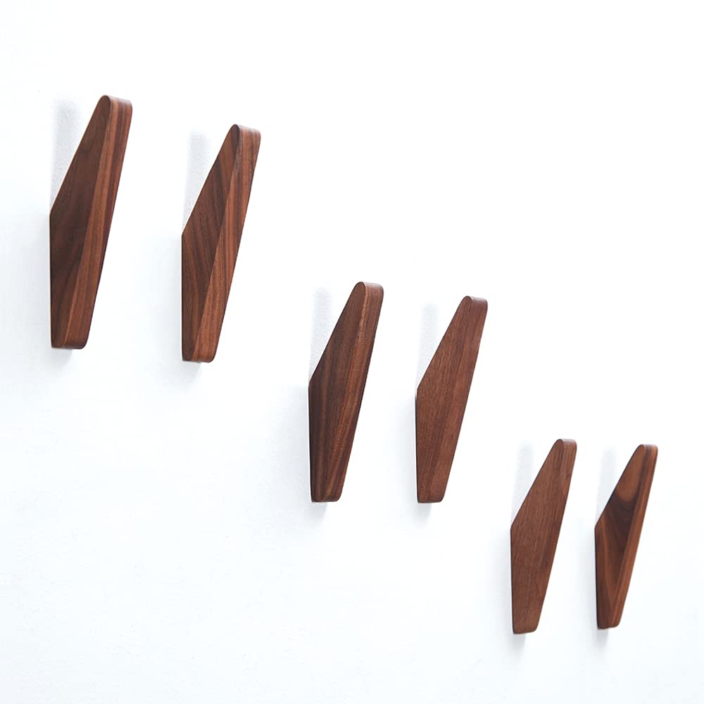 LONANGG Pack 6 Wood Wall Hooks, Black Walnut Coat Minimalist Design Heavy Duty Robe Hook Wall Mounted Rustic Wooden Hooks Clothes Hanger Hat Rack for Hanging Bathroom Towels.