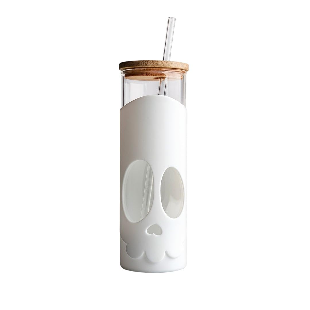 OTOTO NEW Bonesy Glass Tumbler with Straw and Lid - 16.90oz Cute Water Bottle Tumblers, Goth Accessories, Spooky Gifts, Halloween, Skull Glass Cup with Lid and Straw, Goth Gifts (White)