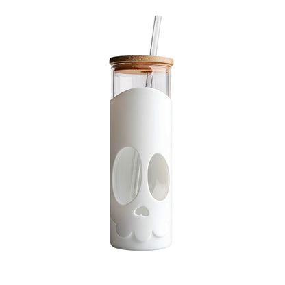 OTOTO NEW Bonesy Glass Tumbler with Straw and Lid - 16.90oz Cute Water Bottle Tumblers, Goth Accessories, Spooky Gifts, Halloween, Skull Glass Cup with Lid and Straw, Goth Gifts (White)