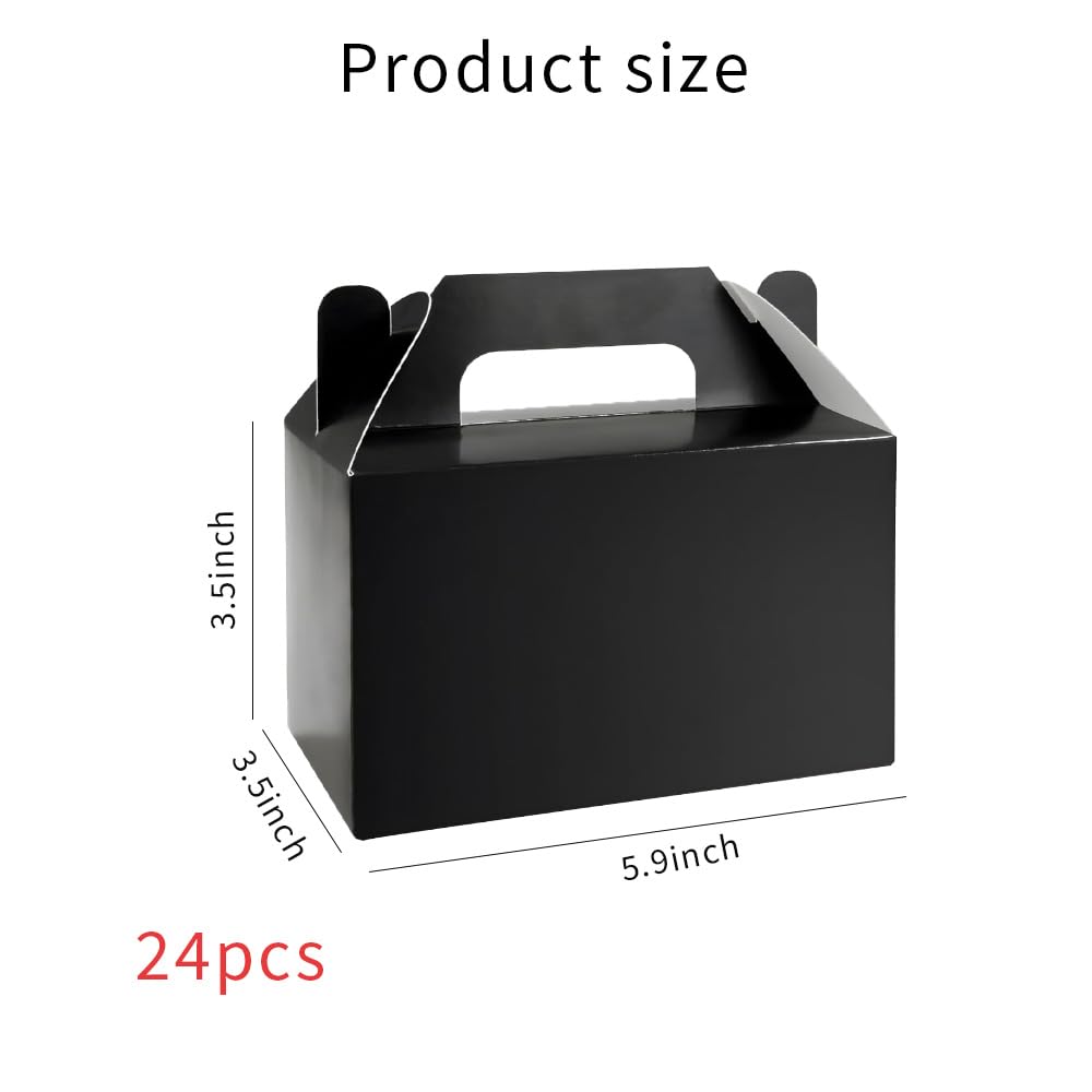 PEIQICHU 24 Pack Candy Treat Boxes Snack Goodie Bags Party Favors Box Party Gift Bags for Birthday, Baby Shower, Weddings Cardboard Candy Containers With Handle, Gable Style, Black
