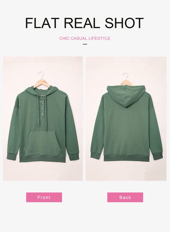 Dokotoo Hoodies for Women Early Fall Fashion Drawstring V Neck Long Sleeve Front Button Collar Hooded Pullover Hoodie with Pockets Winter Sweatshirt Loose Fit Casual Ladies Shirt Tops Green X-Large