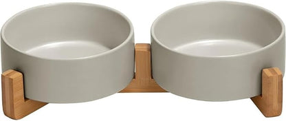 Elevated Ceramic Pet Bowls – Double Raised Food and Water Bowls for Dogs and Cats with Bamboo Stand, Gray Modern Non-Slip Dishwasher Safe Feeder Station