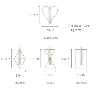 2 Pack Gold Metal Vase,Wall Flower Vase,Geometric Vase,Clear Glass Vase Hydroponic Hanging Plants,Decorative Vase for Fridge,Window,Home,Party (Gold 2)