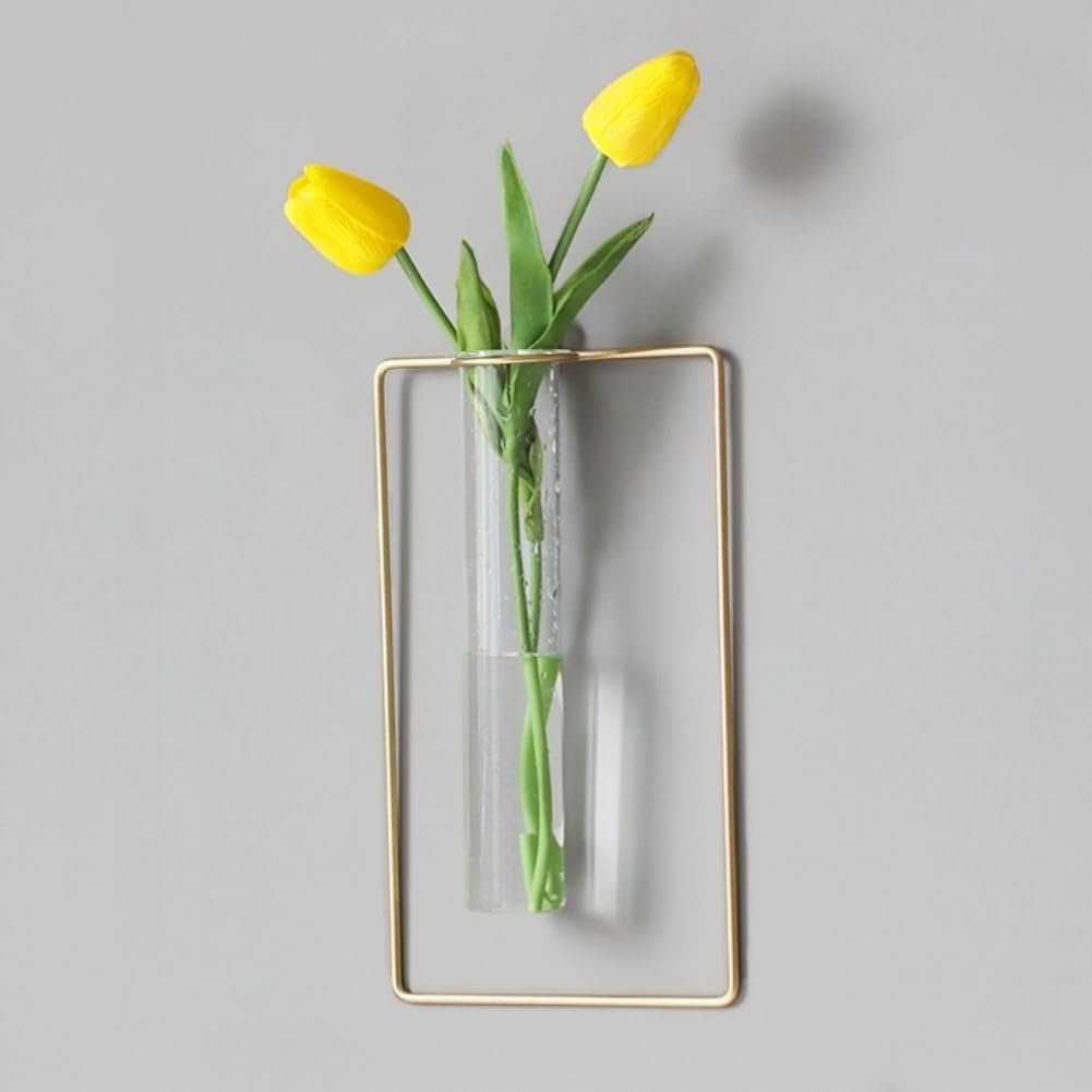 yaocoral 2 Pack Nordic Wall Vase Hanging Geometric Gold Flower Vase Wall Mount Metal Frame Vases Hydroponic Glass Bud Vase Decor for Home Wedding Farmhouse