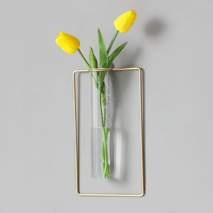 yaocoral 2 Pack Nordic Wall Vase Hanging Geometric Gold Flower Vase Wall Mount Metal Frame Vases Hydroponic Glass Bud Vase Decor for Home Wedding Farmhouse