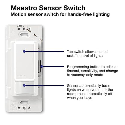 Lutron Maestro Motion Sensor Light Switch Indoor for Bathroom, Garage, Laundry Room, Any Bulbs, Occupancy Vacancy Sensor, Single-Pole, MS-OPS2-WH, White