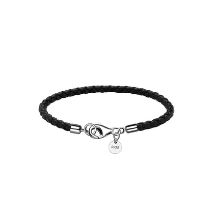 JEVINDA Leather Bracelet for Men Women 4MM Braided 925 silver Clasp 20/21cm with Jewelry Gift Box Handcrafted (Black, 7.8'')