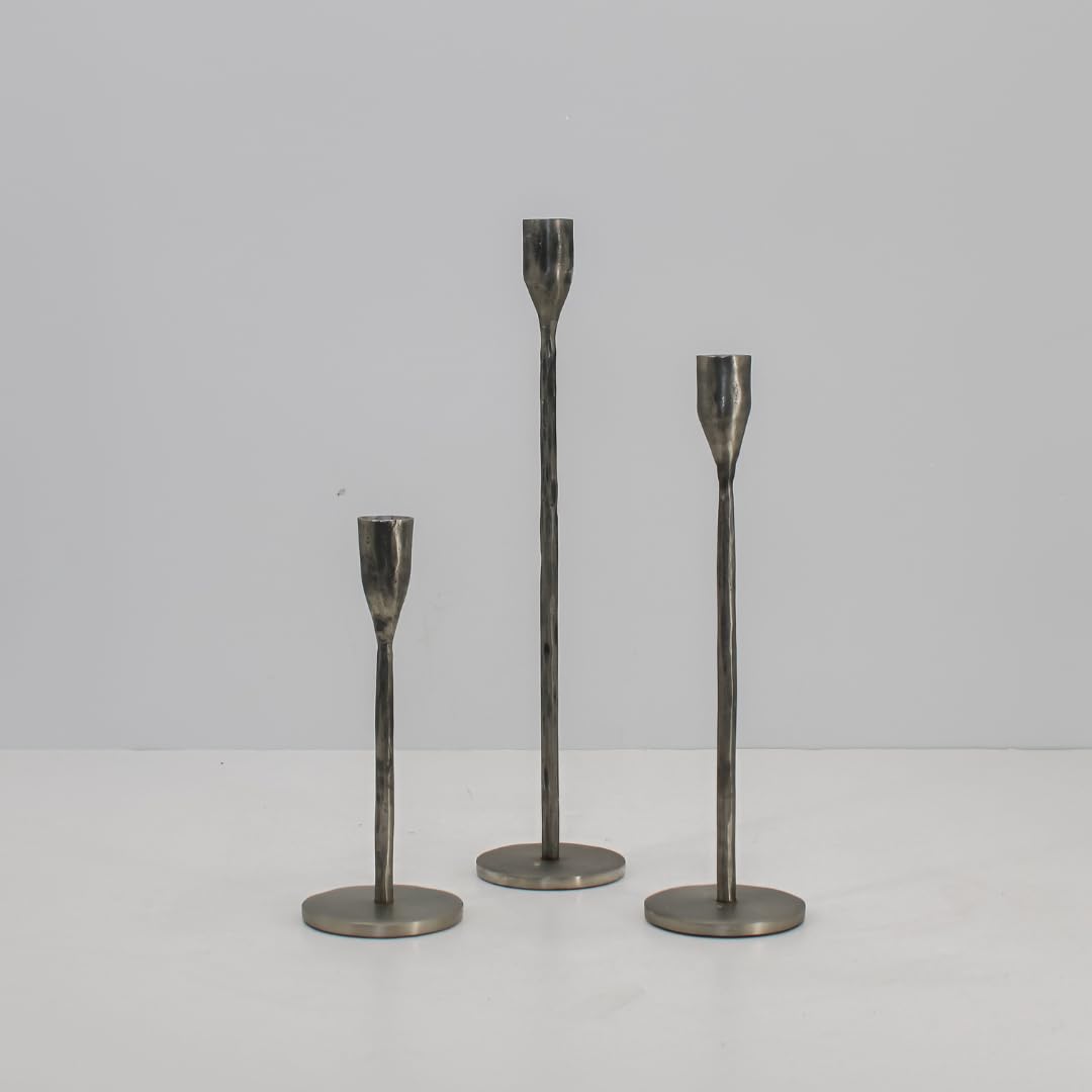 CG Hunter Candle Holder, Handcrafted Antique Pewter Iron Candlesticks Set-of-3 Taper Candlestick Holders, Taper Candle Holders for Candlesticks, Display in Entrway, Mantle, or Dining Room