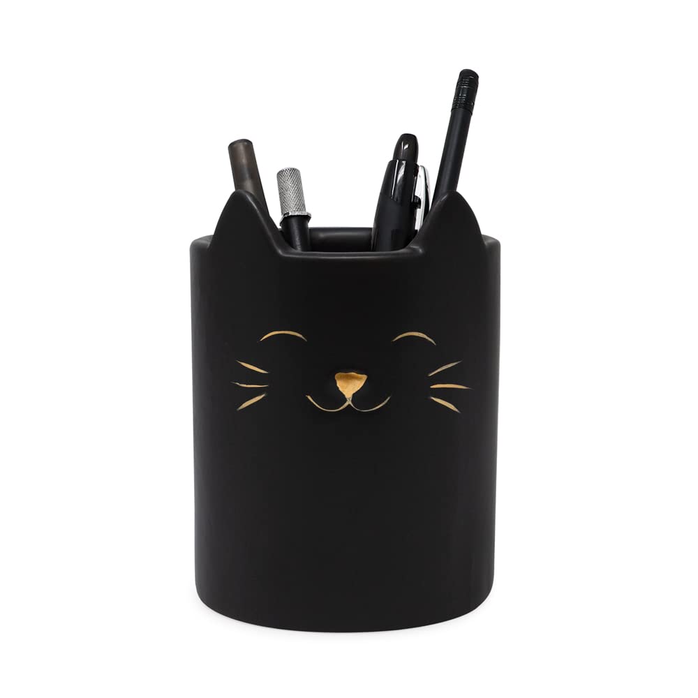 Isaac Jacobs Black Ceramic Cat Makeup Brush Holder, Multi-Purpose Cup Organizer. Bathroom, Kitchen, Bedroom, Office Décor (Single Cup, Matte Black)