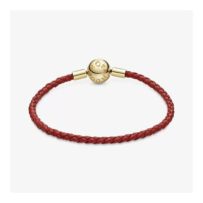 PANDORA Moments Woven Leather Bracelet with 18k Gold-Plated Clasp - Compatible Moments Charms - Features Shine & Leather - Gift for Her - Red, 6.9", with Gift Box