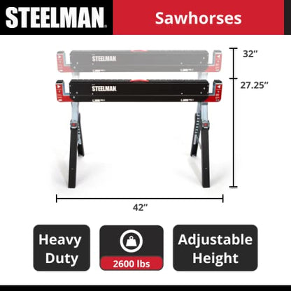 Steelman Adjustable Height Work Table Folding Sawhorses, Set of Two, Durable Steel Construction, Folding Legs, 2x4 Table Support Arms, 2,600 lb. Combined Loading Capacity