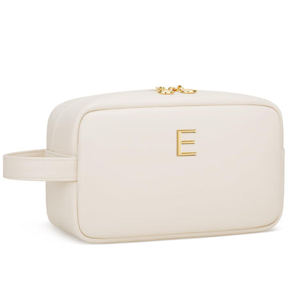 CLOUDWINGS Personalized Gifts for Women Girls - Customized Gifts for Mom Bridesmaid Graduation Friend, Initial Makeup Bag Cosmetic Bag with Large Capacity, PU leather Travel Toiletry Bags (Beige, E)