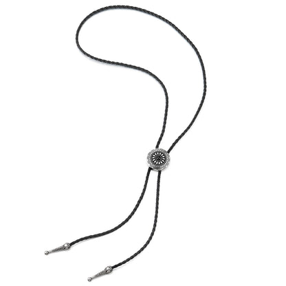 COOLSTEELANDBEYOND Vintage Medallion Sunburst Pattern Bolo Tie Necktie, Lariat Rodeo Y Necklace, Black Braided Leather