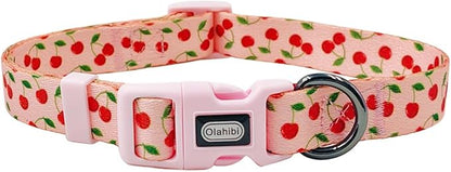 Dog Collar and Leash Set, Cherry Pattern, Polyester Material, 5ft Leash, for Puppy Dogs.(Extra Small,Pink Cherry)