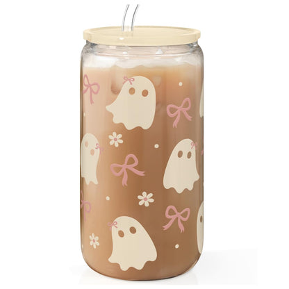 SANDJEST Halloween 16oz Can Glass Tumbler with Acrylic Lid & Straw, Iced Coffee Cup for Women Girls, Aesthetic Cups Gifts for Party