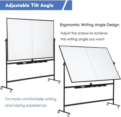 Large Magnetic Mobile Whiteboard 72"x48", Rolling Double Sided Stand Whiteboard on Wheels, Reversible Adjustable Height/Angle Dry Erase Board 6' x 4' Easel White Board for Office Classroom, Black