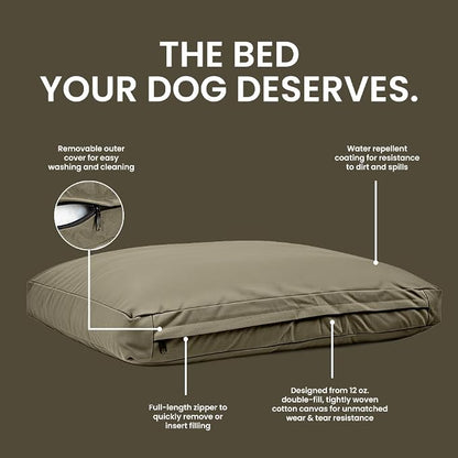 WHITEDUCK Outdoor Dog Bed Heavy-Duty 12oz Canvas, Water-Repellent Cotton, Machine Washable Removable Cover with Full-Length Zipper, Dog Bed for Large Dogs & Crate, (Olive) 35" Lx20 Wx4.3 th (M)