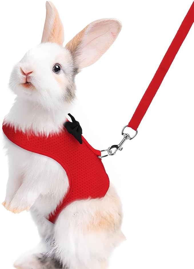 Red Rabbit Harness and Leash Set, with Cute Bow Soft Breathable Mesh Bunny Vest Harness for Rabbits Kitten Ferret Puppy Small Pets Walking, L