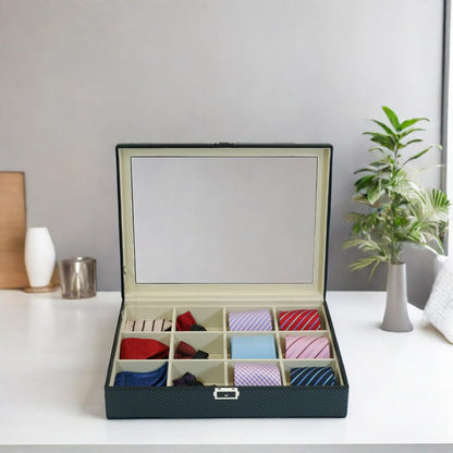 TIMELYBUYS Tie Display Case for 12 Ties, Belts, and Men's Accessories Black Carbon Fiber Storage Box Father's Day