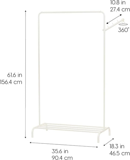 IRIS USA Clothes Rack with 2 Wood Shelves, Freestanding Clothing Racks for Hanging Clothes, Easy to Assemble, Standing Metal Sturdy Garment and Accessories Rack, Plant Stand, White