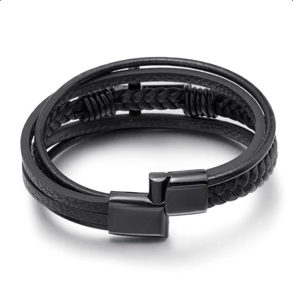 Arcutina Men's Black Leather Multi-Strand Bracelet Casual Brown Braided Bracelet (Multi-layer with Cross, Length 7.5'')