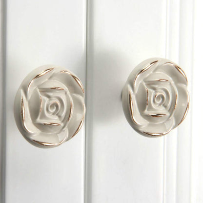 Antique Rose Flower Cabinet Knobs, Vintage Kitchen Shabby Chic Zinc Alloy White Drawer Pull Handles for Dresser Vanity Nightstand Cupboard Wardrobe, 8 Pack (Golden Line)