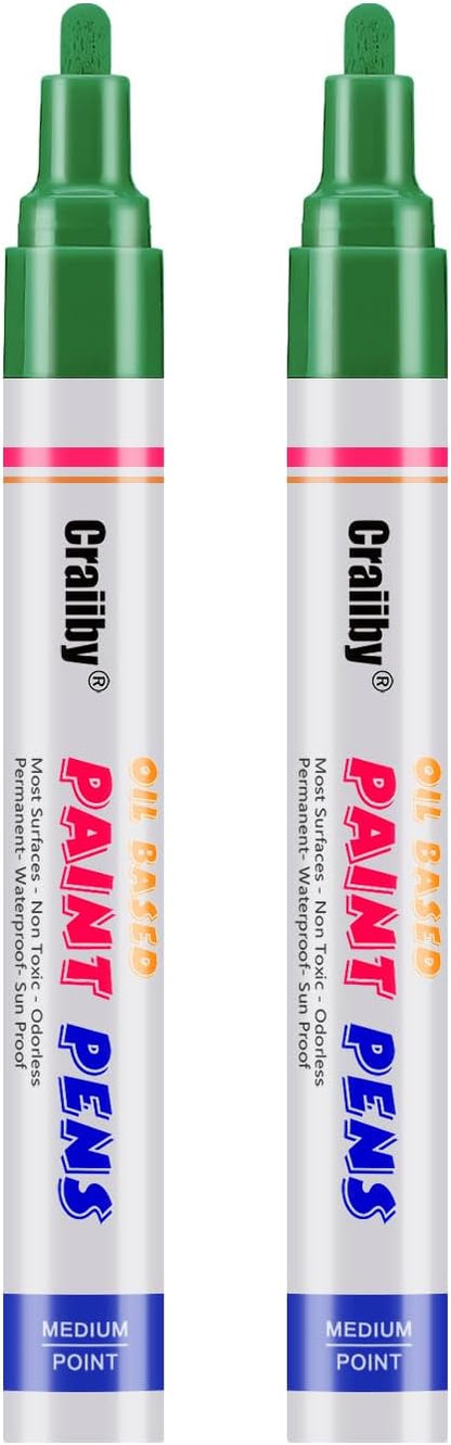 Green Paint Markers, 2 Pack Oil-Based Waterproof Quick Dry Permanent Paint Pen Set for Rocks Painting, Wood, Fabric, Plastic, Canvas, Glass, Mugs, Metal, Tire, Stone, DIY Craft