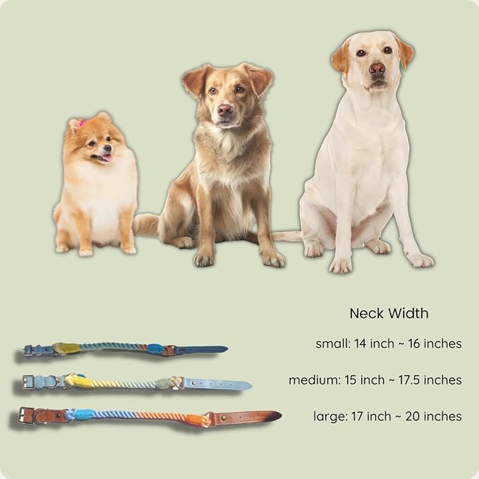 Pawtopia Cotton Rope Collar for Large Dogs, Vegan Leather Handle (Light Blue) with One Complimentary Roll of Dog Poop Bags (15 Bags), Durable Metal Buckle (Soft Rainbow, Large), Give Back