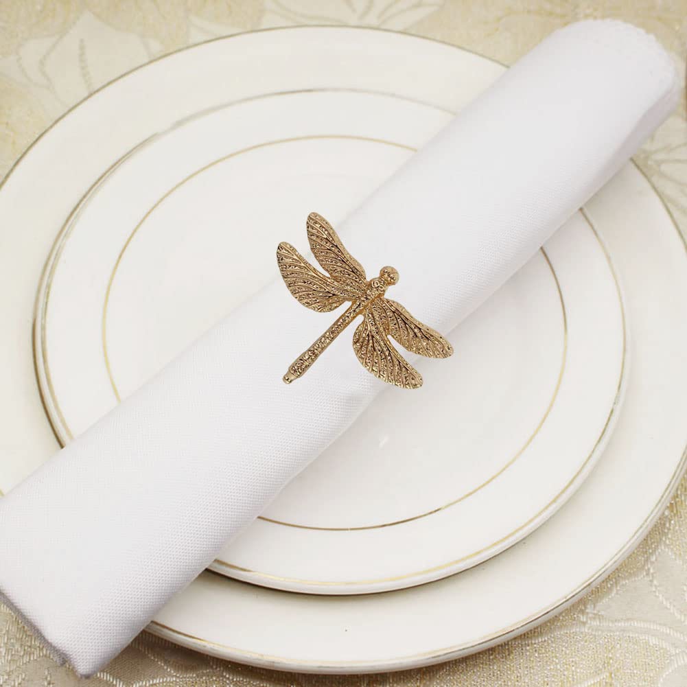 Dragonfly Napkin Rings Set of 10, Animal Insect Dragonfly Napkin Ring Holder for Easter, Wedding, Christmas, Dinner, Family Gathering Party Napkin Cloth Ornament Decoration Table Accessories (Gold)
