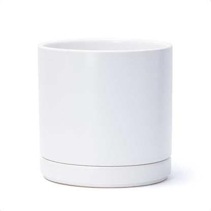 D'vine Dev 8.2 Inch Ceramic Planter Pot with Drainage Hole and Saucer, Indoor Cylinder Round Planter Pot, White, 94-O-D-1