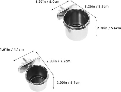 GLEAVI 2pcs Stainless Steel Bird Food Bowls with Clamp Holder, 4.4cm 5.5cm Coop Cup Bird Feeder for Parrot Cage Accessories, Suitable for Cockatiel Budgie Parakeet Feeding