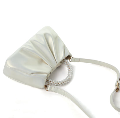 Beatfull Evening Purse Women Small Pearl Handbags Soft Leather Ruched Bag Wedding Bridal Clutch Party Prom Crossbody Purses White