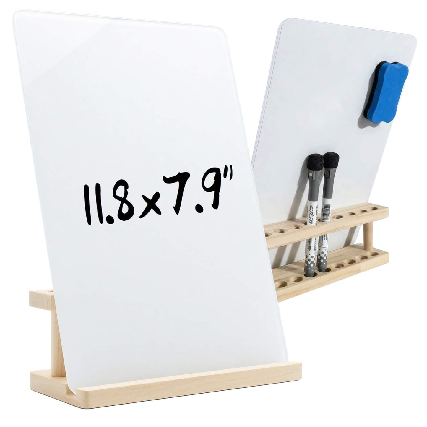iNenya Glass White Board with Stand,Magnetic Mini Dry Erase Board for Desk,Small Desktop Whiteboard with Solid Wood Bracket