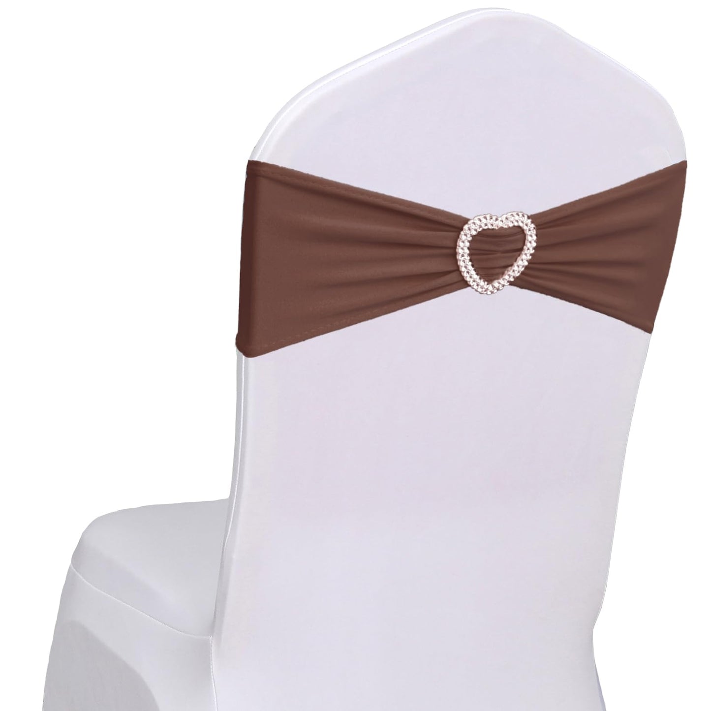 Fbewom Brown Chair Sashes 60 Pack Spandex Brown Sashes for Chairs Universal Spandex Chair Sashes Bands with Heart Buckle Slider for Wedding Banquet Party Decorations
