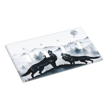 Spshian Light Switch Cover Black White Ink Forest Wolf Moon Mountain 4 Gang Switch Plate Covers Quad Toggle Wall Plates Decorative Switchplate Electrical Faceplate for Bathroom Bedroom Decor
