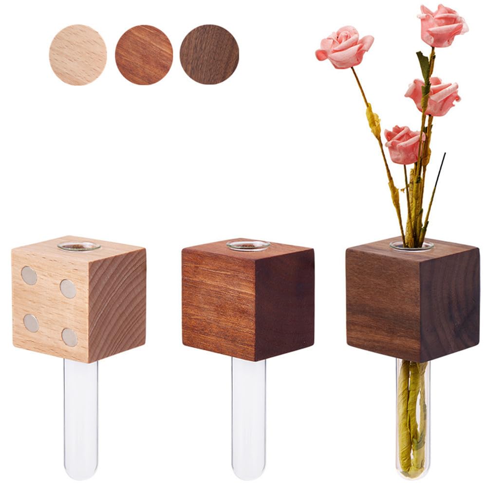Mini Vase Magnets for Fridge,3 Sets Wooden Vase Plant Magnetic Holders with Glass Test Tube for Refrigerator Decoration Kitchen Locker Office