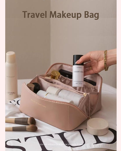 Travel Makeup Bag for Women, Large Capacity PU Leather Toiletry Bag with Multiple Compartments, Waterproof Cosmetic Organizer with Handle, Portable Travel Pouch for Skincare, Rose Pink