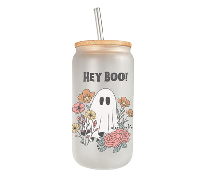 Floral Ghost “Hey Boo!” – 16 Oz Frosted Glass Can | Cute Halloween Iced Coffee Cup | Spooky Season Aesthetic Tumbler | Fall Gift for Her | Reusable Glass Cup with Straw
