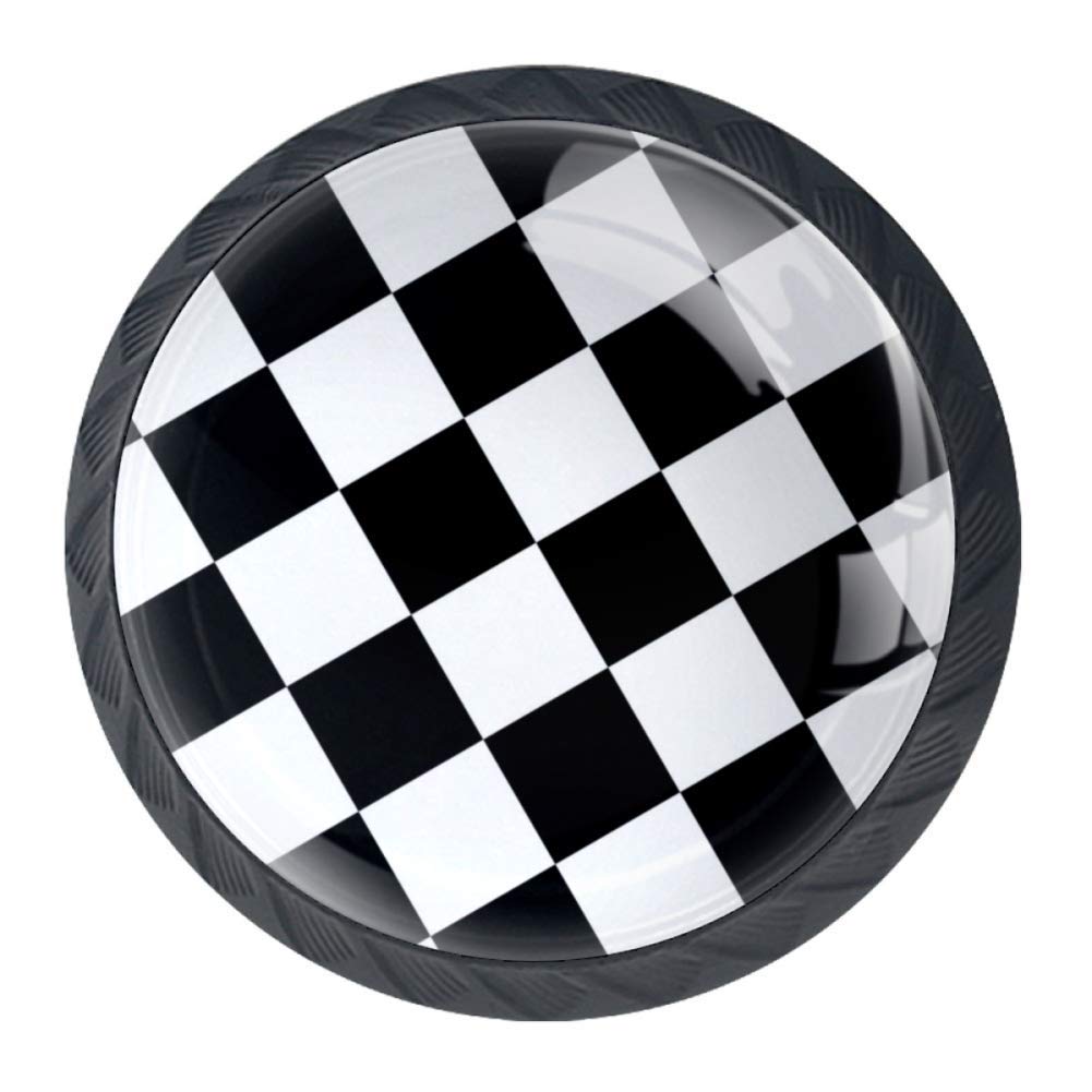 4 Pcs 35mm Cabinet Knobs Black and White Checkered Round Furniture Drawer Handles Dresser Cupboard Pulls with Screws for Home, Kitchen, Bathroom (1-3/8 Inches)