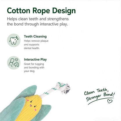 Green Sheep Interactive Plush Dog Toy, No Stuffing Squeaky Toy with Recycled Cotton Rope for Medium to Large Dogs, Corn